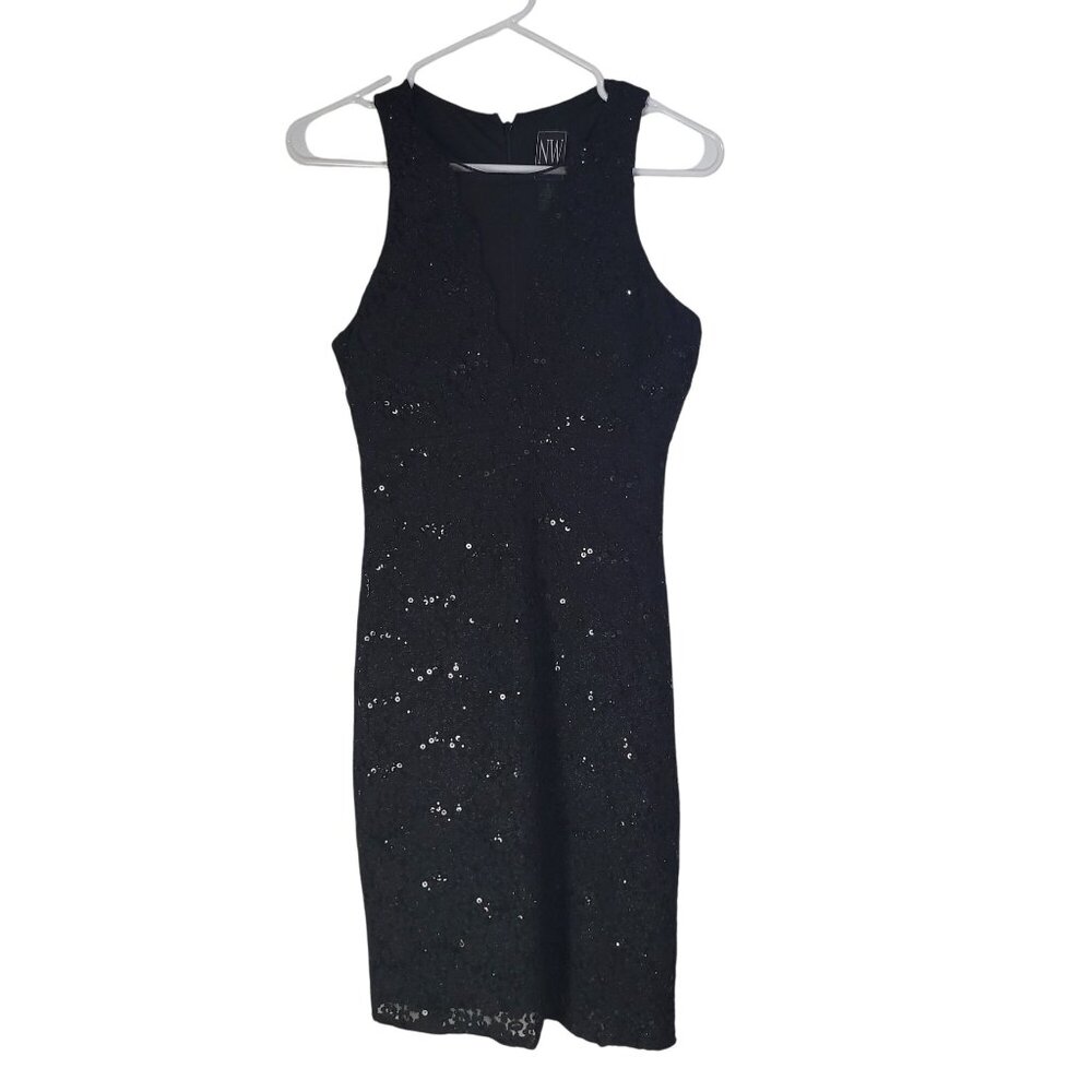 NIGHTWAY Womens SZ 4 Lace Sequin Sleeveless Little Black Dress Prom Cocktail Got - Picture 2 of 11